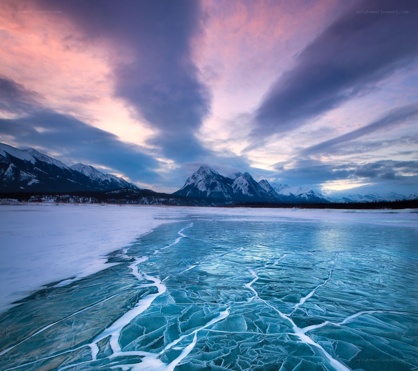 Frozen lake at sunset