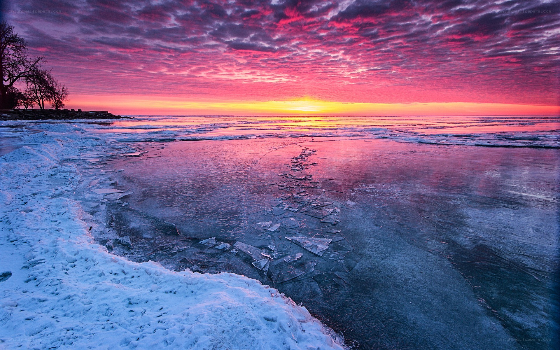 Frozen lake at sunset