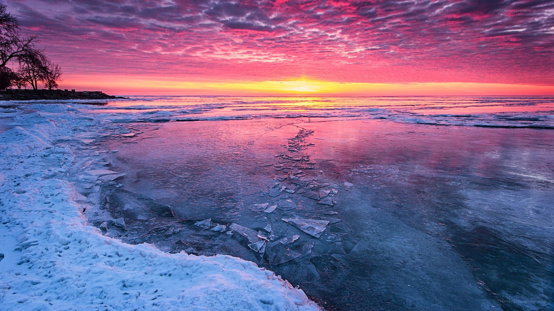 Frozen lake at sunset