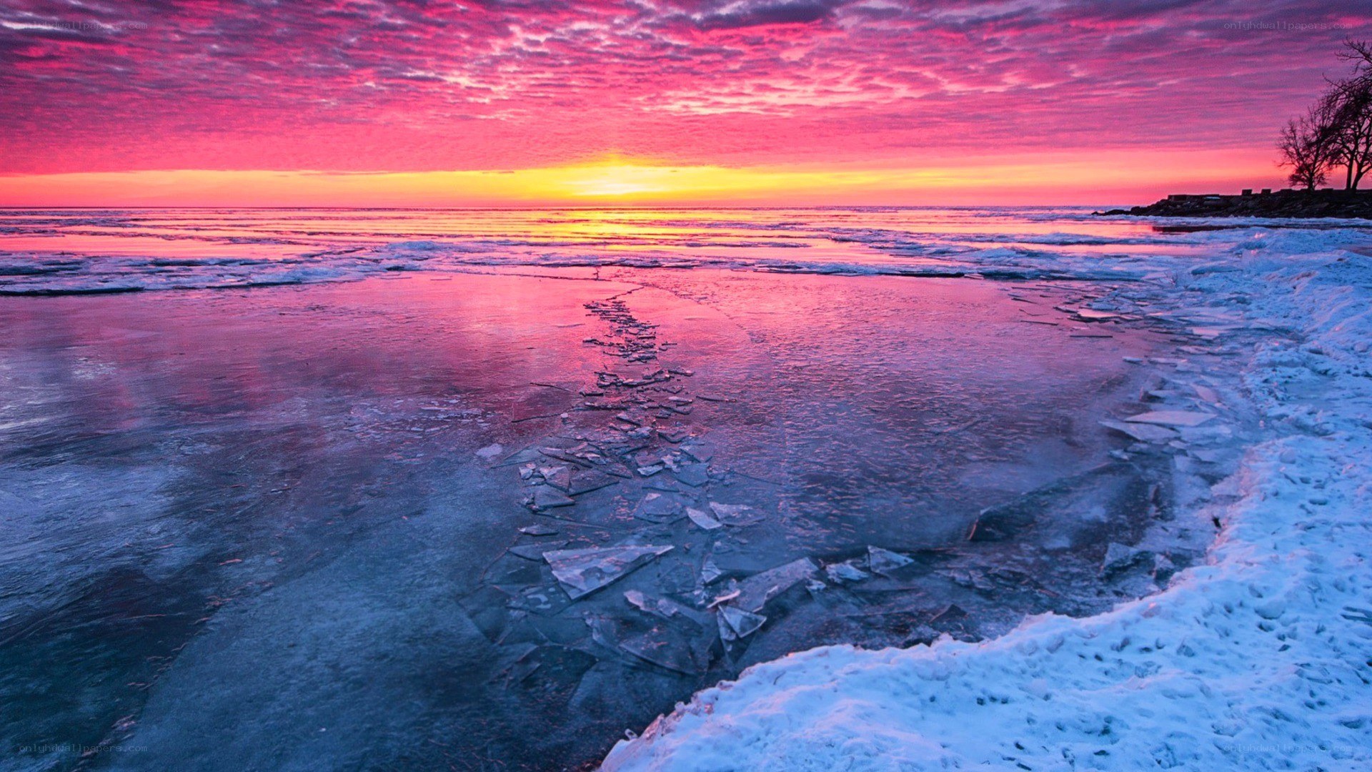 Frozen lake at sunset