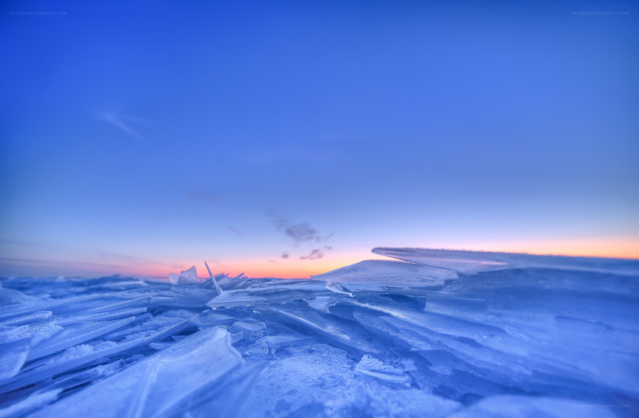 Frozen lake at sunset