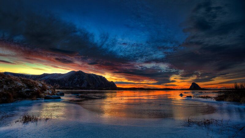 Frozen Lake at Sunset — Blue, Dramatic, Photograph, Mountain, Sky