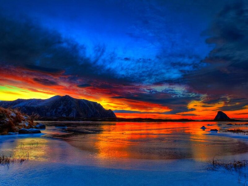 Frozen Lake at Sunset — Blue, Dramatic, Photograph, Mountain
