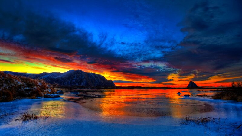 Frozen Lake at Sunset — Blue, Dramatic, Photograph, Mountains