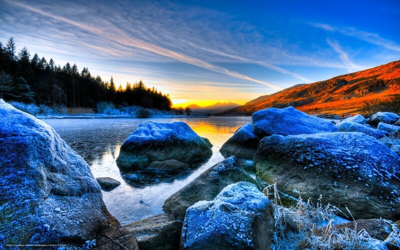 Frozen Lake at Sunset — Blue, Dramatic, Photograph, Rocks