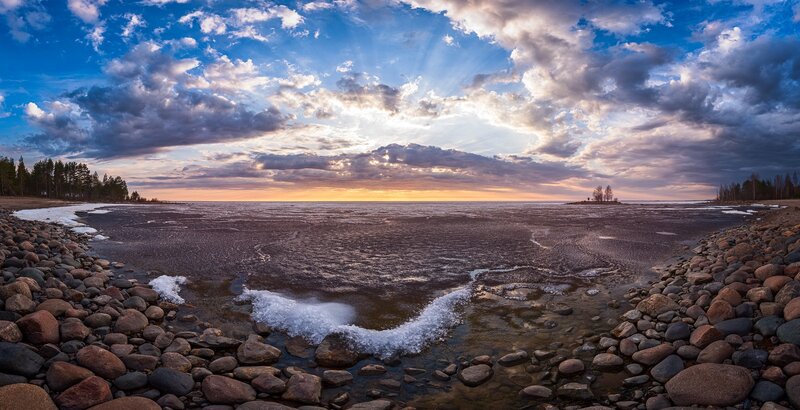 Frozen Lake at Sunset — Blue, Dramatic, Photograph, Rocks, Trees