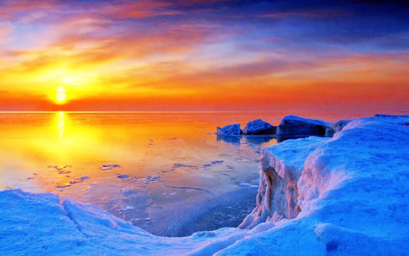 Frozen Lake at Sunset — Blue, Dramatic, Photograph, Sun, Ice