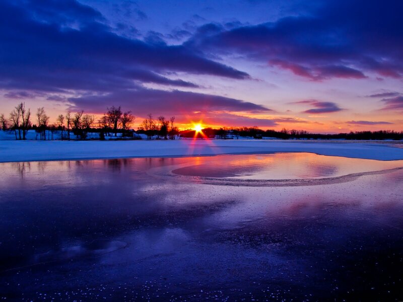 Frozen Lake at Sunset — Blue, Dramatic, Photograph, Sun