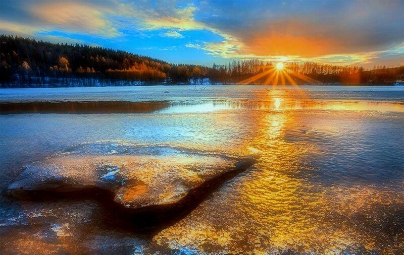 Frozen Lake at Sunset — Blue, Dramatic, Photograph, Sun, Trees