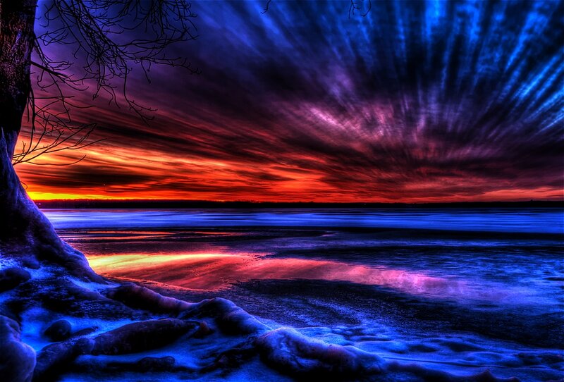 Frozen Lake at Sunset — Blue, Dramatic, Photograph