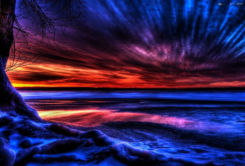 Frozen Lake at Sunset — Blue, Dramatic, Photograph, Tree