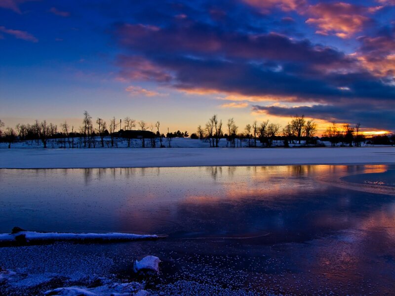 Frozen Lake at Sunset — Blue, Dramatic, Photograph, Trees