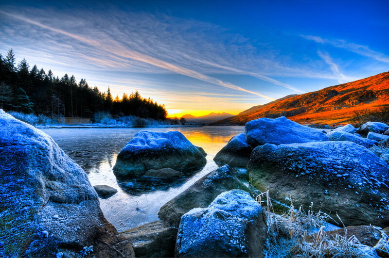 Frozen Lake at Sunset — Blue, Dramatic, Winter, Photograph, Rocks