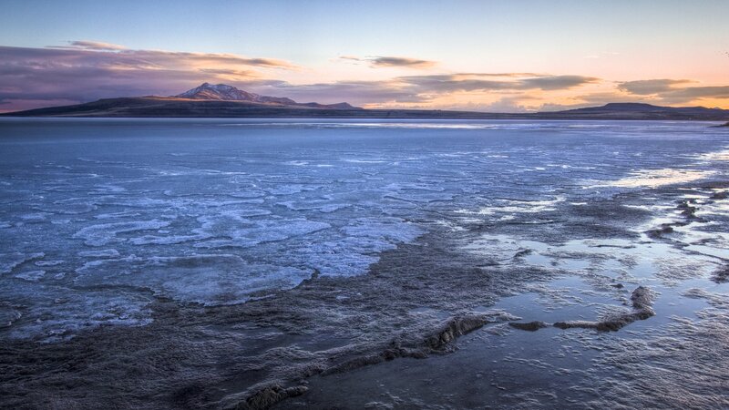 Frozen Lake at Sunset — Blue, Serene, Photograph, Mountain, Sky