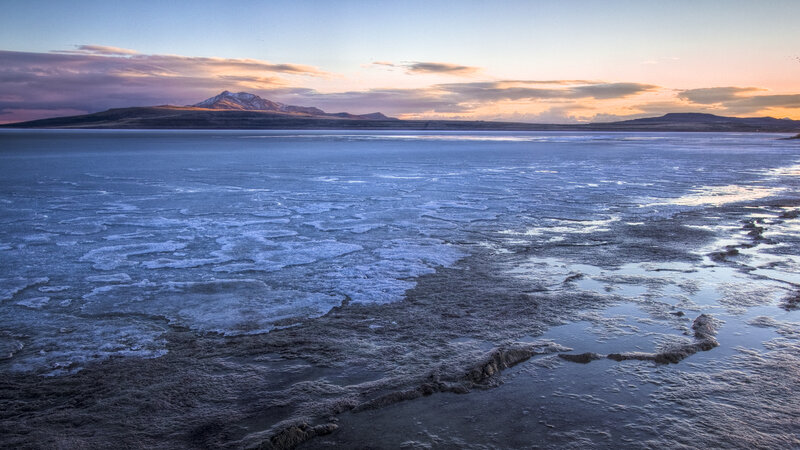 Frozen Lake at Sunset — Blue, Serene, Photograph, Mountain