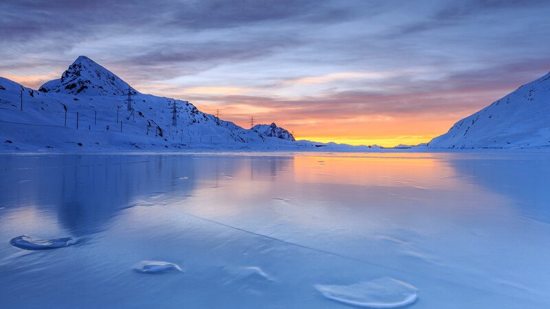 Frozen Lake at Sunset — Blue, Serene, Photograph, Mountains, Power Lines
