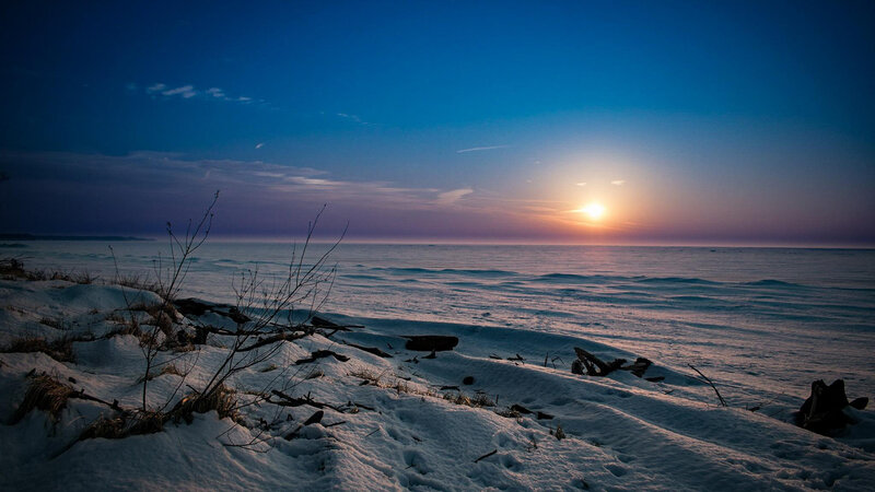 Frozen Lake at Sunset — Blue, Serene, Photograph, Snow, Driftwood