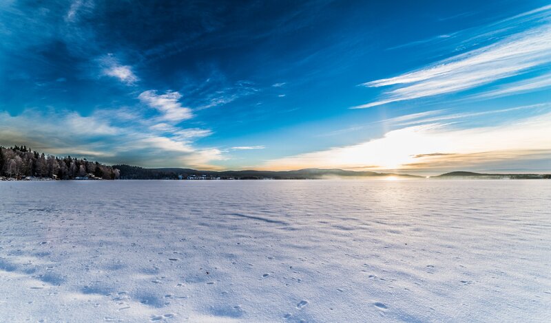 Frozen Lake at Sunset — Blue, Serene, Photograph, Snow, Trees, Mountains