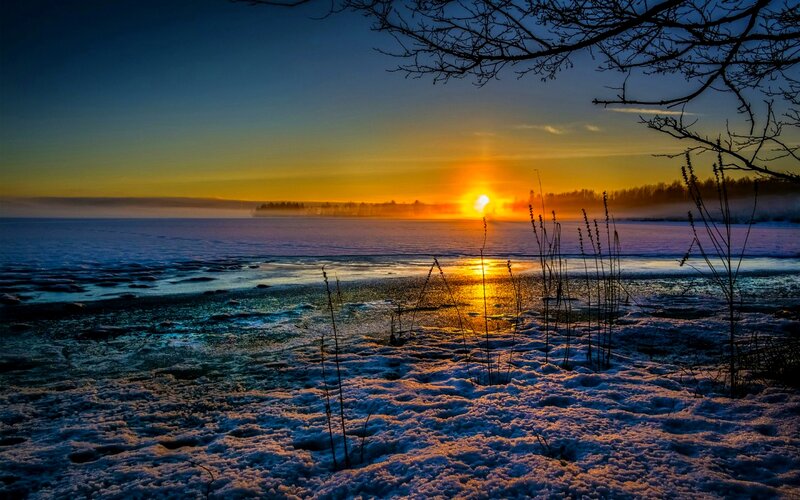 Frozen Lake at Sunset — Blue, Serene, Photograph, Sun