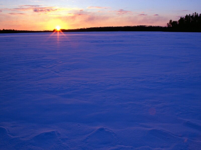 Frozen Lake at Sunset — Blue, Serene, Photograph, Sun, Trees, Snow, Orange