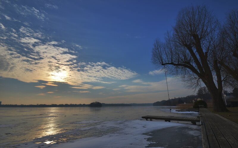 Frozen Lake at Sunset — Blue, Serene, Photograph