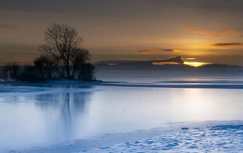 Frozen Lake at Sunset — Blue, Serene, Photograph, Tree, Mountain