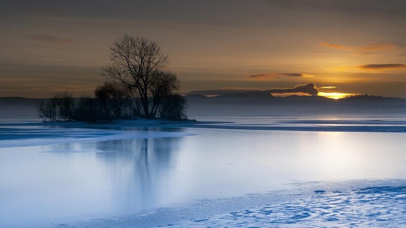 Frozen Lake at Sunset — Blue, Serene, Photograph, Tree