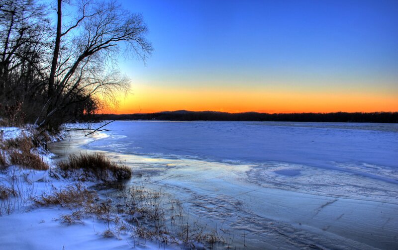 Frozen Lake at Sunset — Blue, Serene, Photograph, Trees, Sky