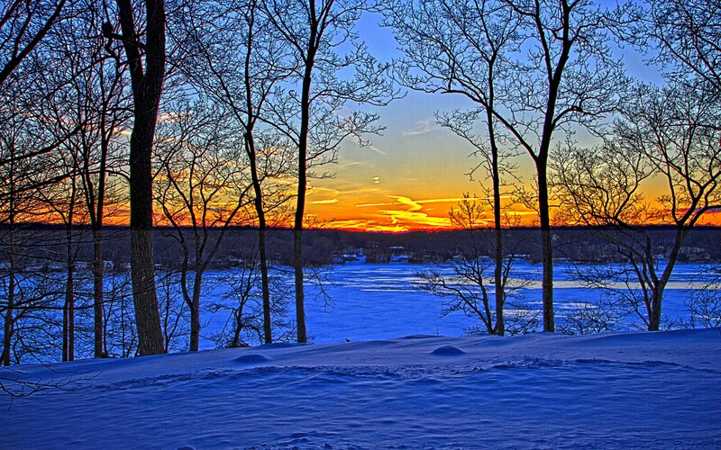 Frozen Lake at Sunset — Blue, Serene, Photograph, Trees
