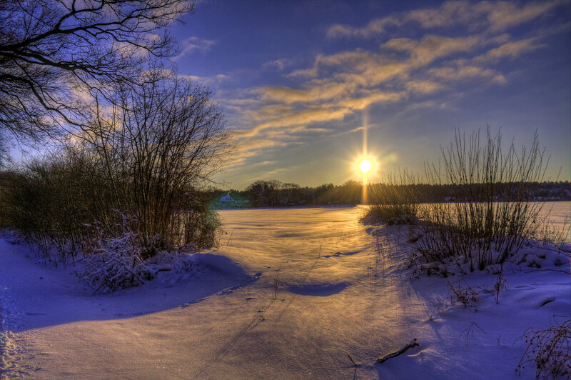 Frozen Lake at Sunset — Blue, Serene