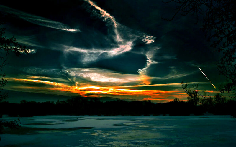Frozen Lake at Sunset — Orange, Dramatic, Photograph, Clouds