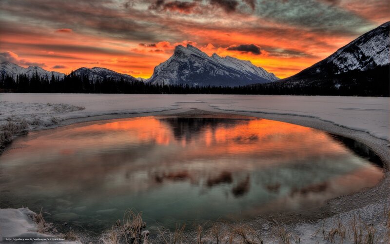 Frozen Lake at Sunset — Orange, Dramatic, Photograph, Mountains, Snow, Sky