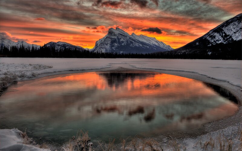 Frozen Lake at Sunset — Orange, Dramatic, Photograph, Mountains, Snow