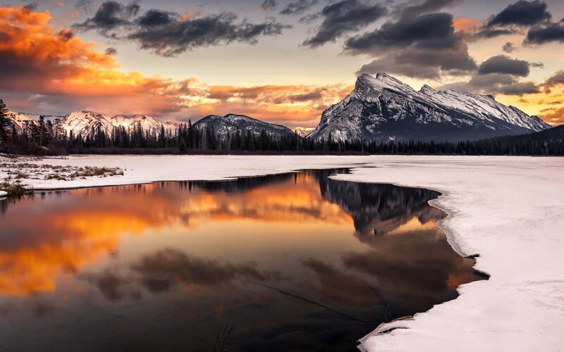 Frozen Lake at Sunset — Orange, Dramatic, Photograph, Mountains, Snow, Trees