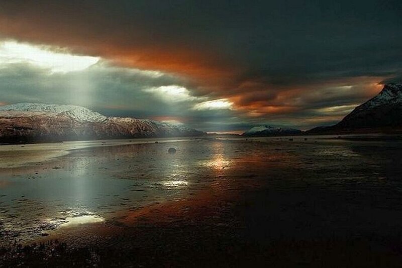 Frozen Lake at Sunset — Orange, Dramatic, Photograph, Mountains