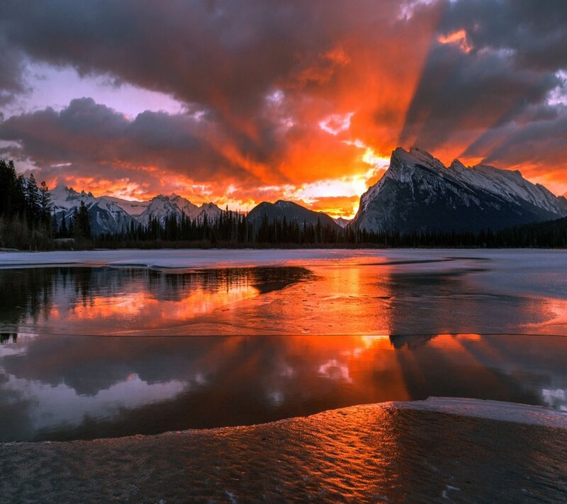 Frozen Lake at Sunset — Orange, Dramatic, Photograph, Mountains, Trees, Clouds