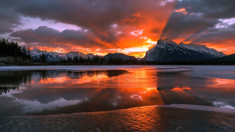 Frozen Lake at Sunset — Orange, Dramatic, Photograph, Mountains, Trees
