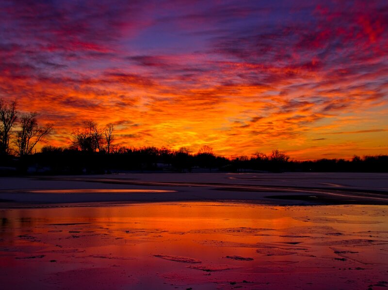 Frozen Lake at Sunset — Orange, Dramatic, Photograph, Sky