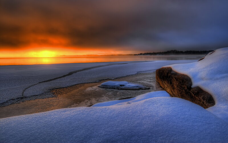Frozen Lake at Sunset — Orange, Dramatic, Photograph, Snow, Ice