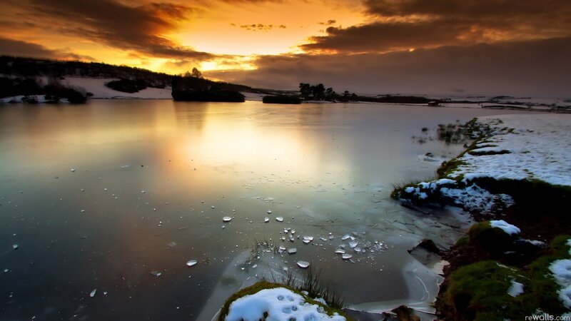 Frozen Lake at Sunset — Orange, Dramatic, Photograph, Snow, Sky