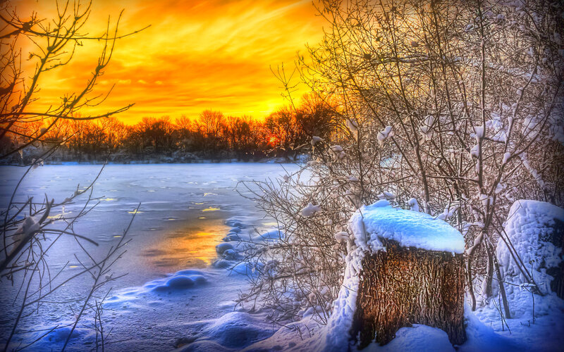 Frozen Lake at Sunset — Orange, Dramatic, Photograph, Snow, Tree Stumps
