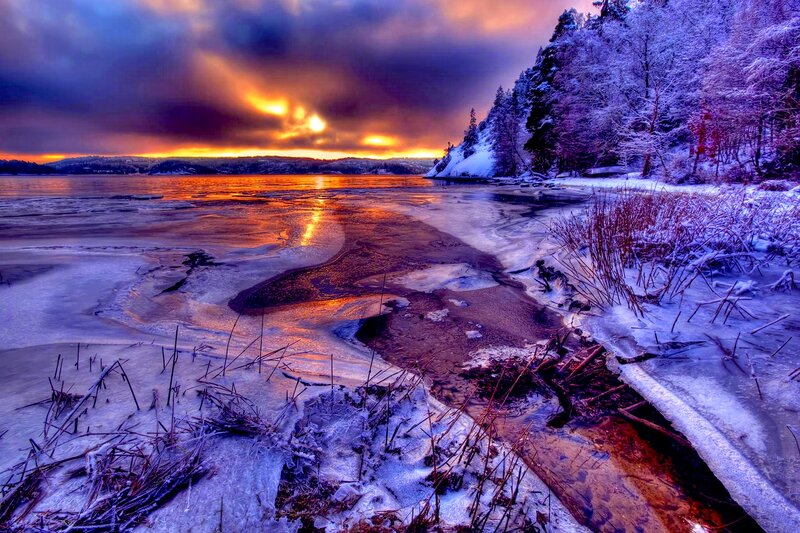 Frozen Lake at Sunset — Orange, Dramatic, Photograph, Snow, Trees, Sky