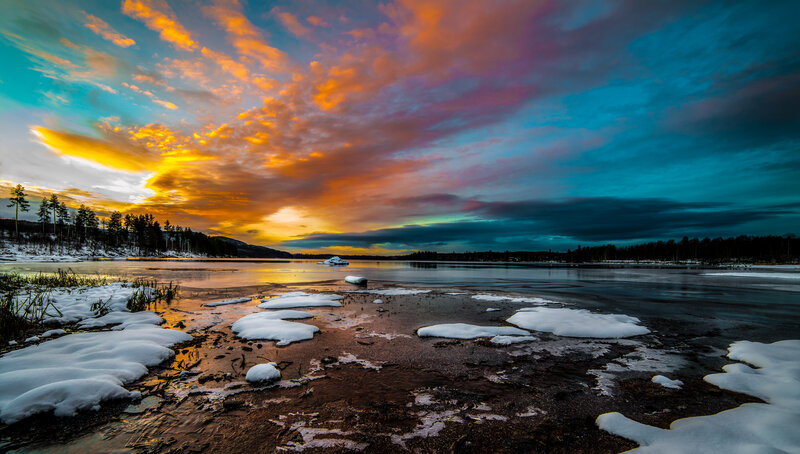 Frozen Lake at Sunset — Orange, Dramatic, Photograph, Snow, Trees