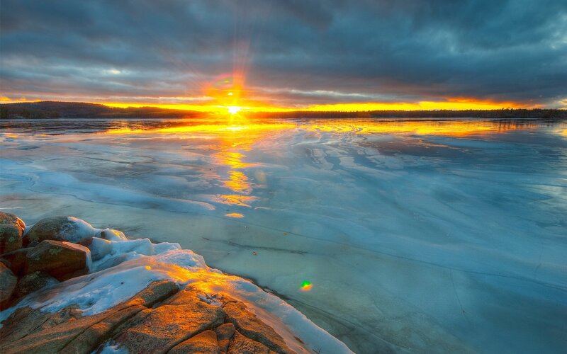 Frozen Lake at Sunset — Orange, Dramatic, Photograph, Sun, Ice