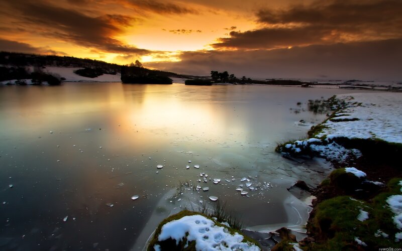 Frozen Lake at Sunset — Orange, Dramatic, Winter, Photograph, Snow, Clouds