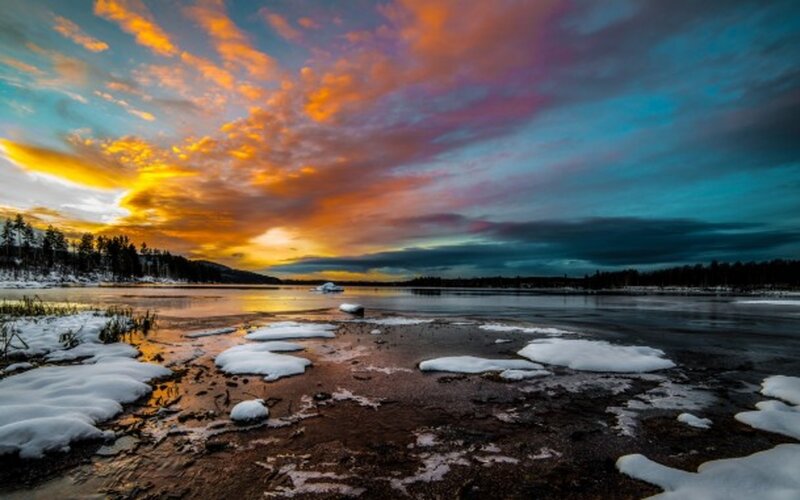 Frozen Lake at Sunset — Orange, Dramatic, Winter, Photograph, Snow