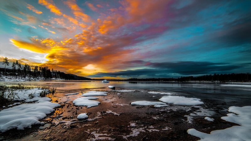 Frozen Lake at Sunset — Orange, Dramatic, Winter, Photograph, Snow, Trees, Clouds
