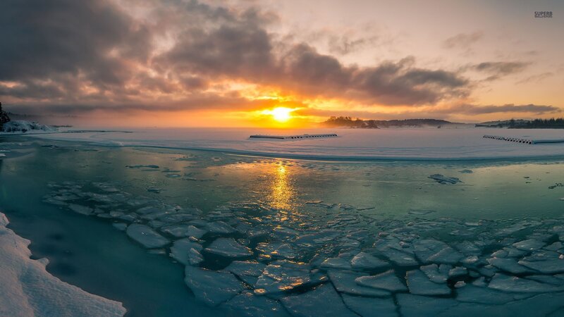 Frozen Lake at Sunset — Orange, Dramatic, Winter, Photograph
