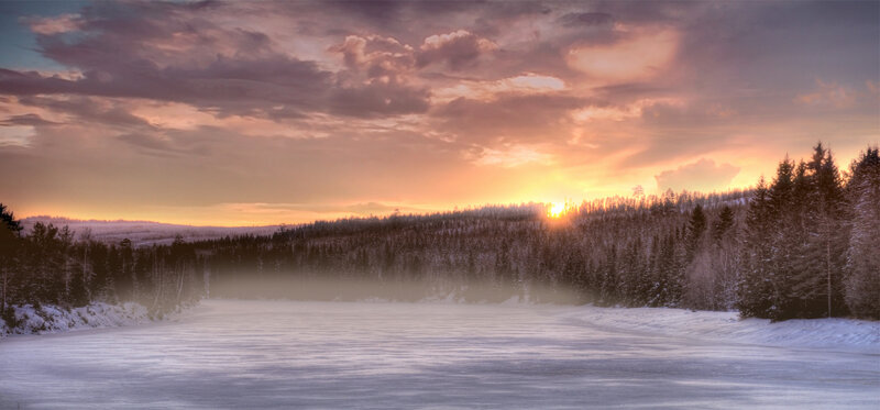 Frozen Lake at Sunset — Orange, Serene, Photograph, Forest