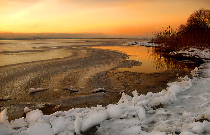 Frozen Lake at Sunset — Orange, Serene, Photograph, Ice